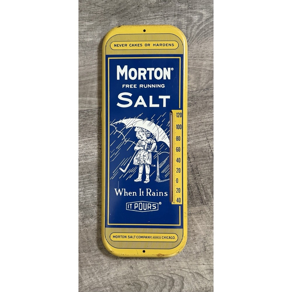 Vtg Morton Free Running Salt Metal Advertising Thermometer Sign 16"x6" Yellow